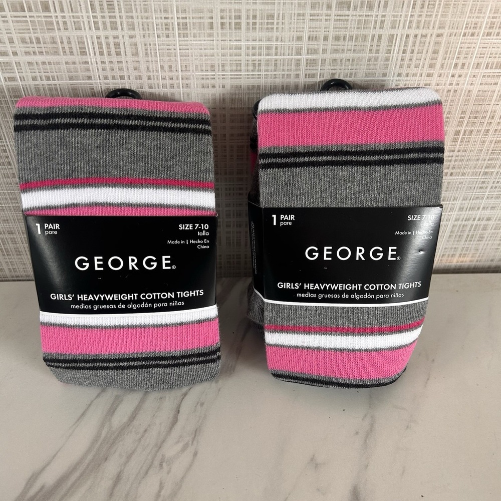 George Pink Striped Tights Girls‎ 7-10 Years Heavyweight Cotton 2 Pack New! BxAA
